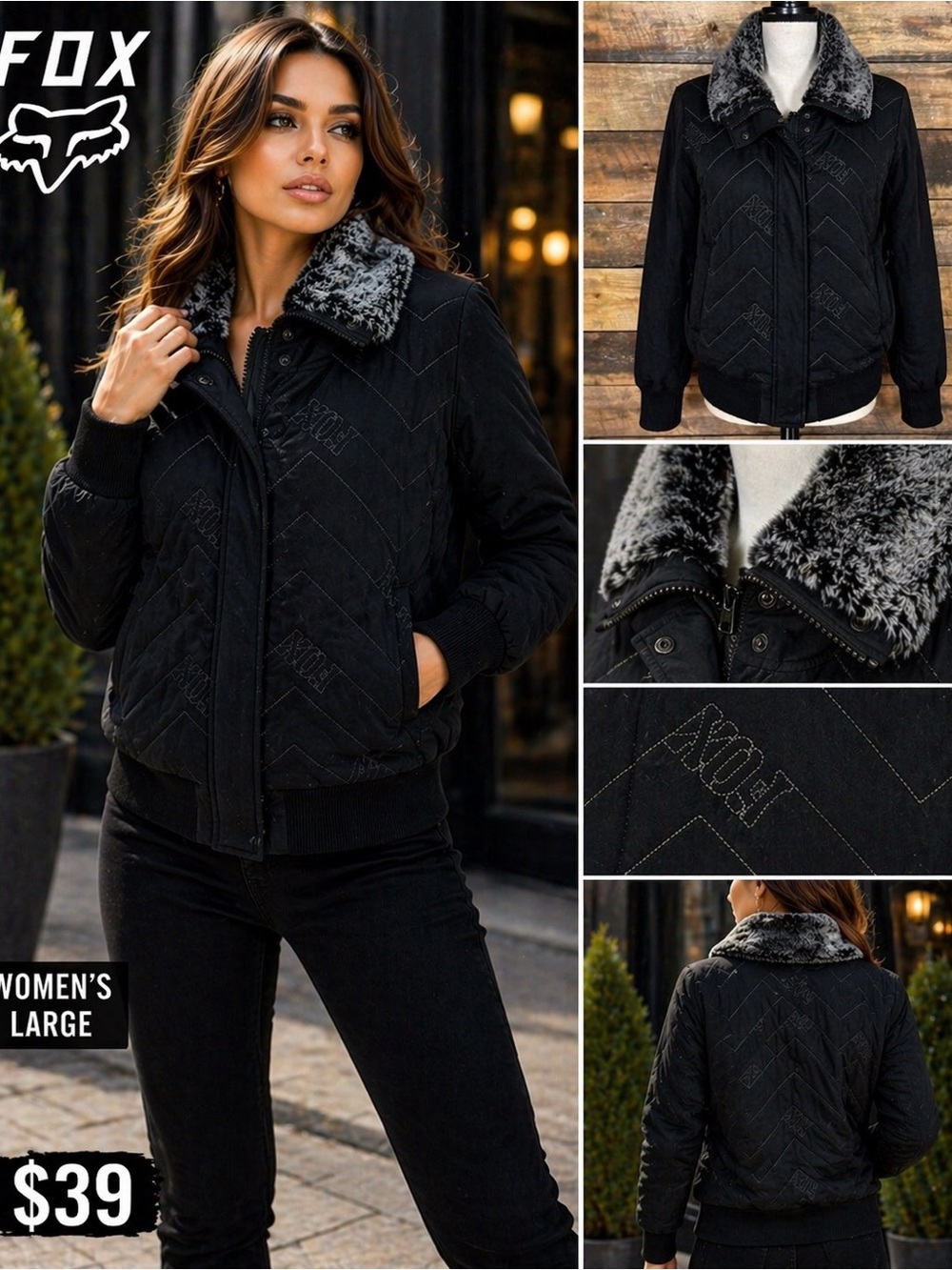 Fox Women’s Black Bomber Jacket with Gray Faux-Shearling Collar